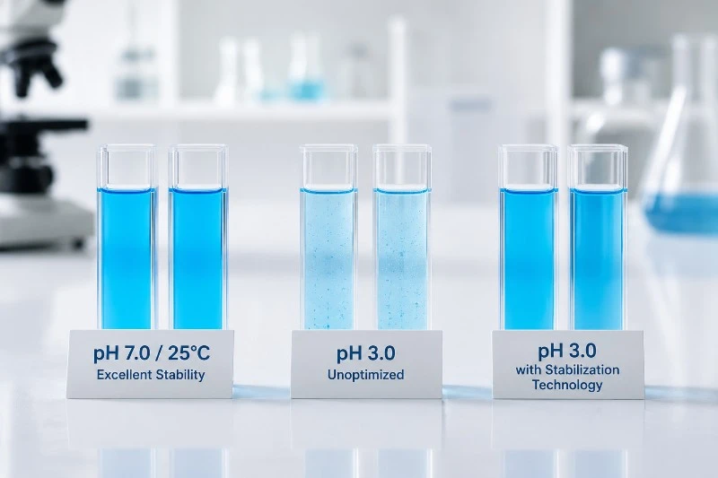 botanical cube inc phycocyanin stability test ph3 ph7 comparison laboratory photo botanical cube inc phycocyanin stability test ph3 ph7 comparison laboratory photo